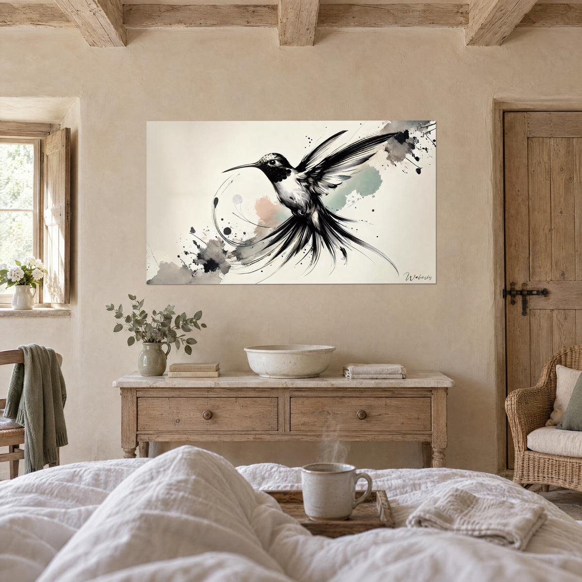 Wall art of a small bird suspended in flight, long trailing black tail feathers, pink and grey spots, above a bed in a light bedroom