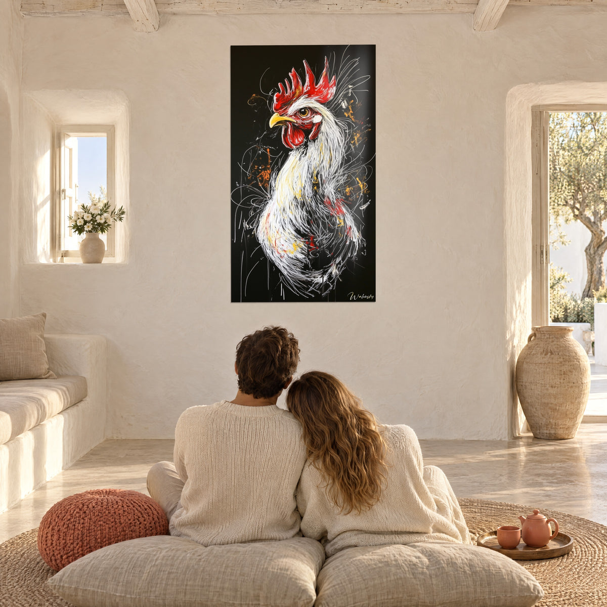 Πίνακας με κικιρίκου σε λευκή, κίτρινη και κόκκινη κιμωλία, πορτοκαλί σπίθες σε μαύρο φόντο, θαυμασμένος από ζευγάρι με την πλάτη σε λευκό σαλόνι