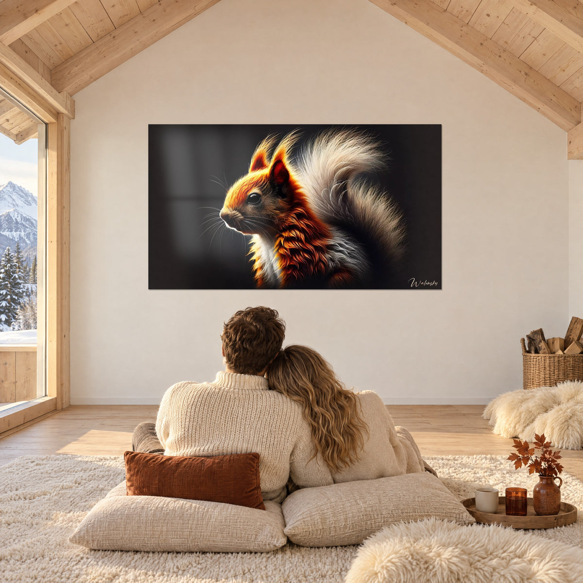 Wall art of a woodland animal with blazing orange fur and a bushy pearl-grey tail, admired by a couple seen from behind in a chalet