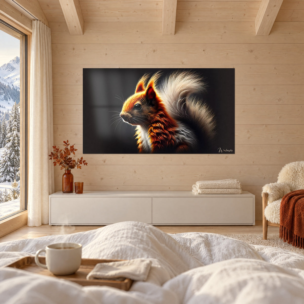 Wall art of a small mammal with copper and white fur and a fluffy beige tail, above a bed in a light bedroom