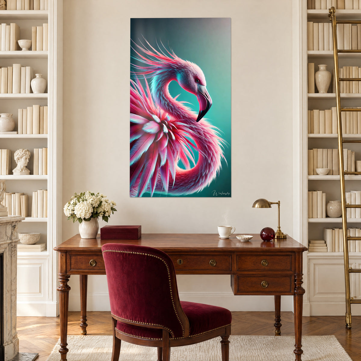 Cuadro de un flamenco estilizado con plumaje coral y turquesa, pico negro curvado, entre dos estanterías de un despacho haussmanniano