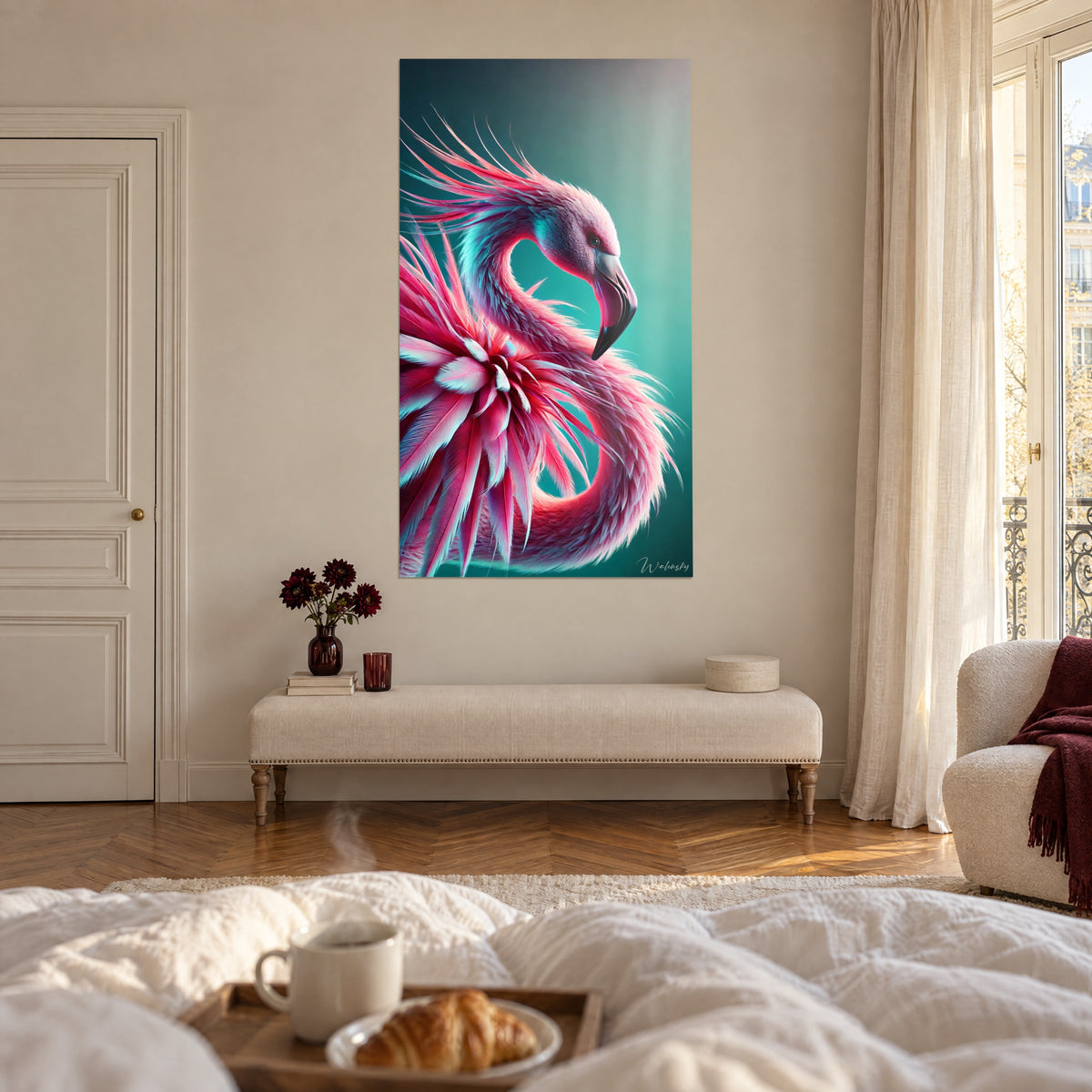 Cuadro de un ave zancuda rosa vivo y cian, gola de plumas esponjosas en abanico, encima de una cama en un dormitorio luminoso