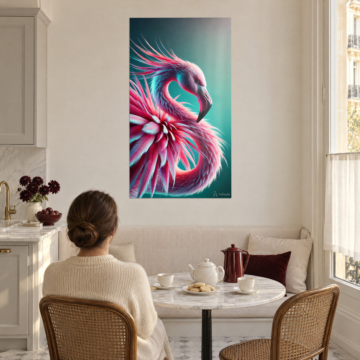 Cuadro de un ave de ojo oscuro, plumaje frambuesa y azul glaciar sobre fondo jade, colgado cerca de una mesa de cocina