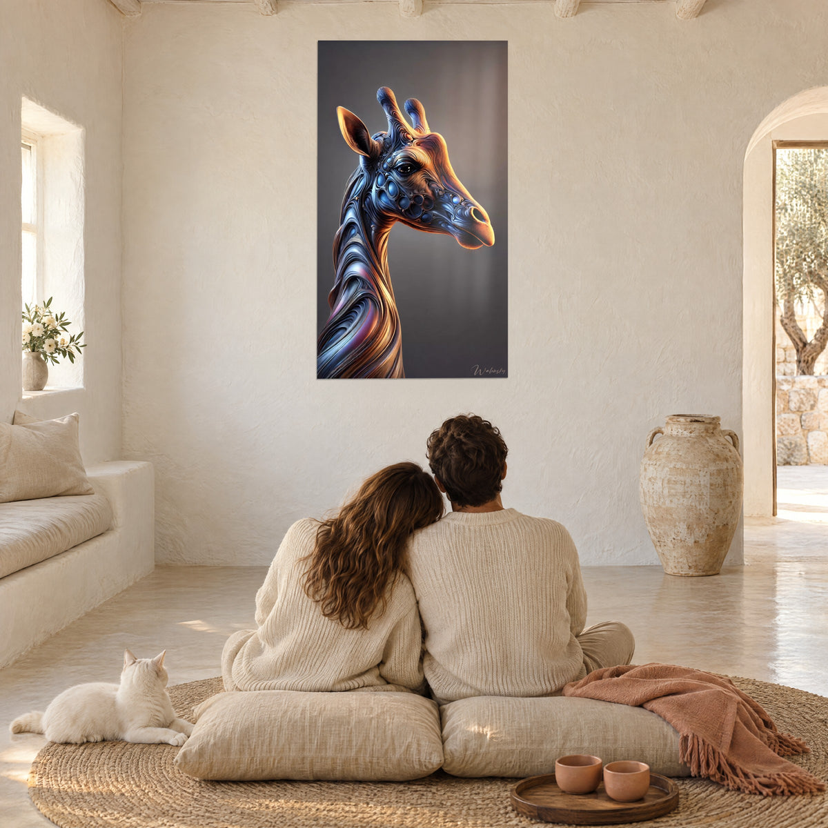 Cuadro jirafa de perfil con reflejos metálicos azul y naranja, pareja de espaldas sobre cojines con un gato, salón abovedado