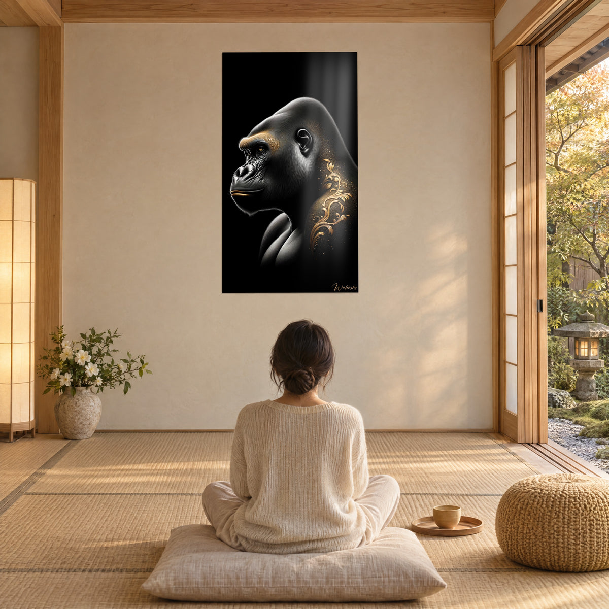Quadro gorilla maestoso nero e oro, arabeschi dorati luminosi, donna di spalle seduta su un cuscino di fronte al giardino