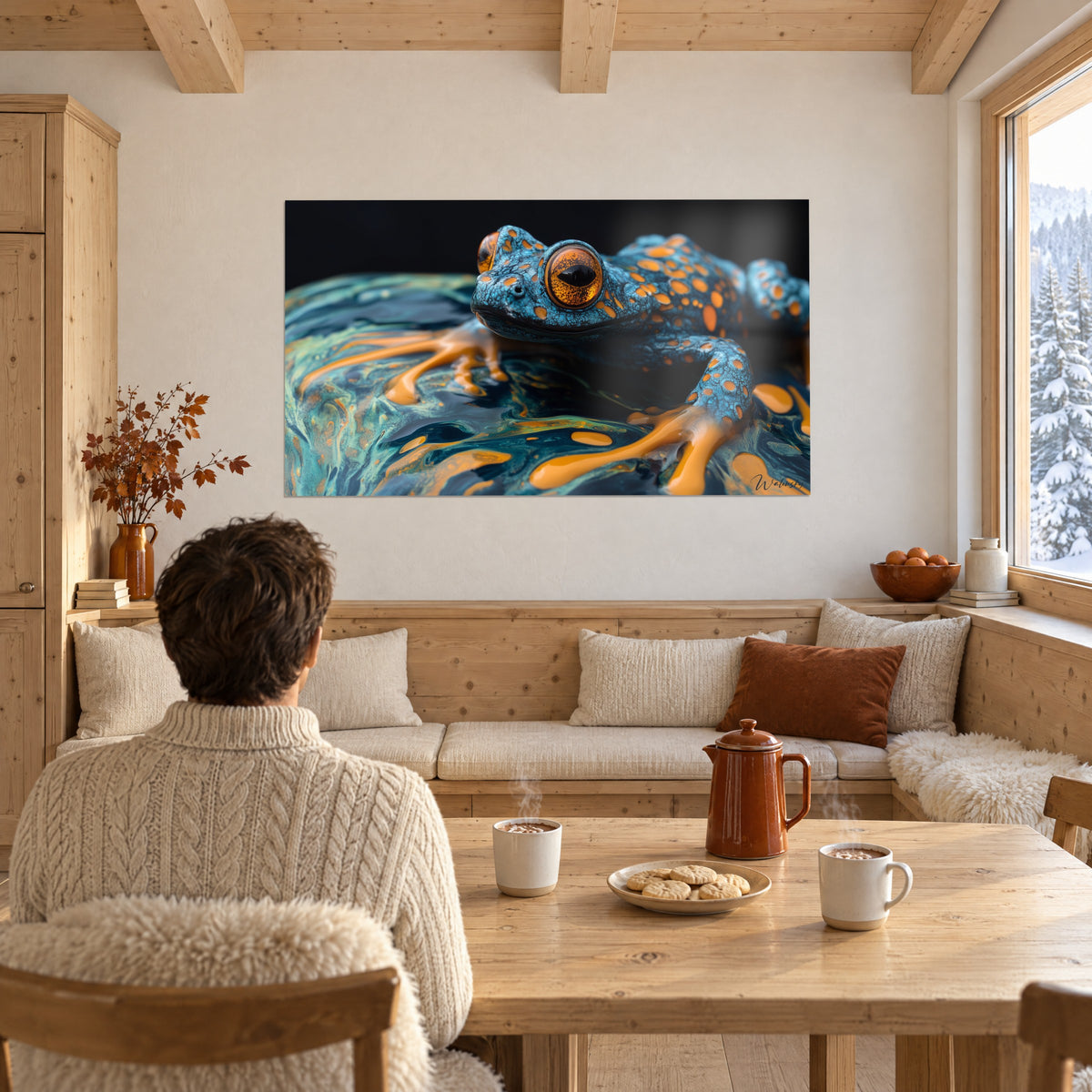 Gemälde Krötenbild in Azurblau mit orangefarbenen Sprenkeln, leuchtend bernsteinfarbenes Auge auf schwarzem Grund, an der Wand eines hellen Chalets, ein Mann von hinten am Tisch