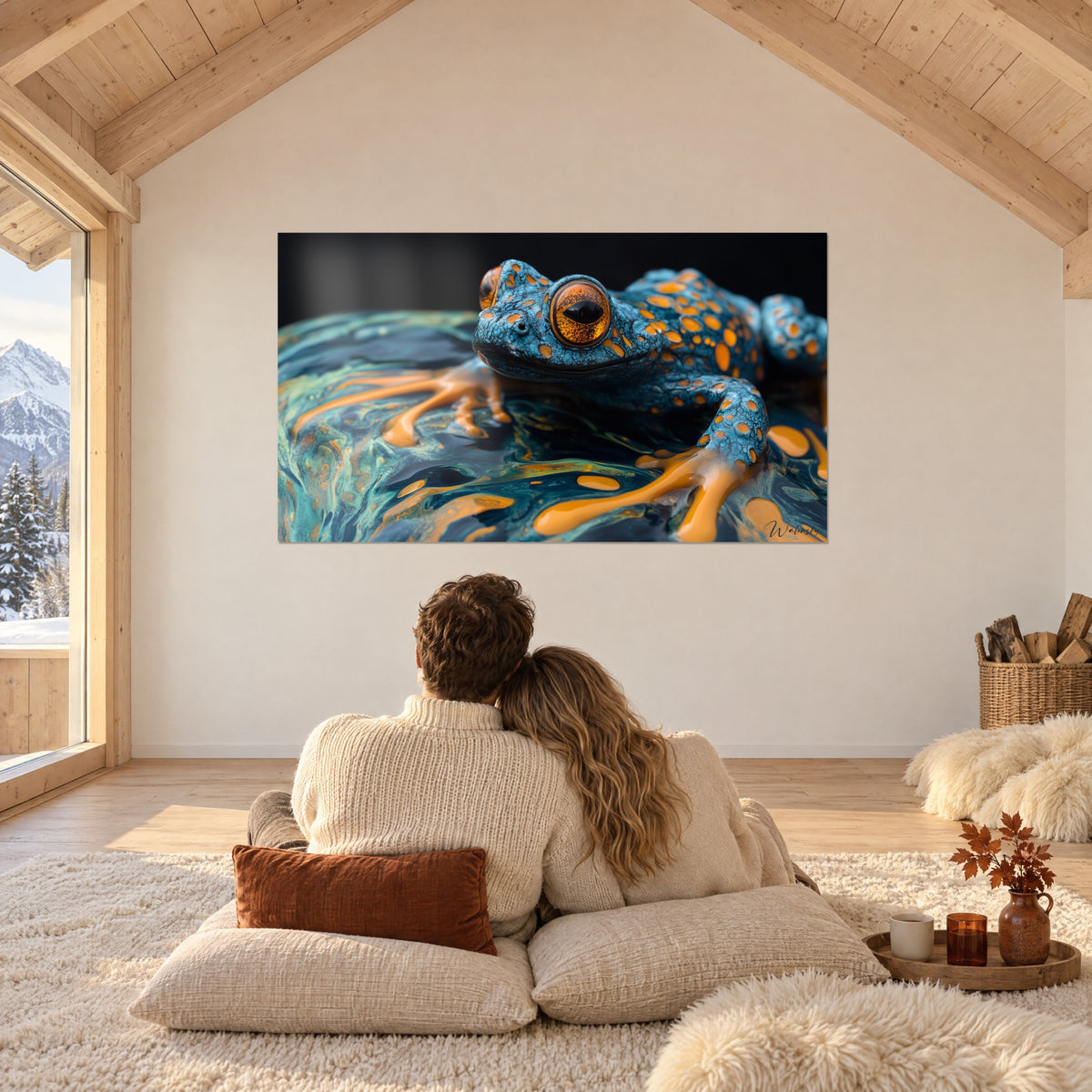 Gemälde Froschbild in azurblau mit großem goldorangefarbenem Auge und honiggelben Schlieren, umarmendes Paar von hinten unter dem hellen Dachgebälk eines Chalets