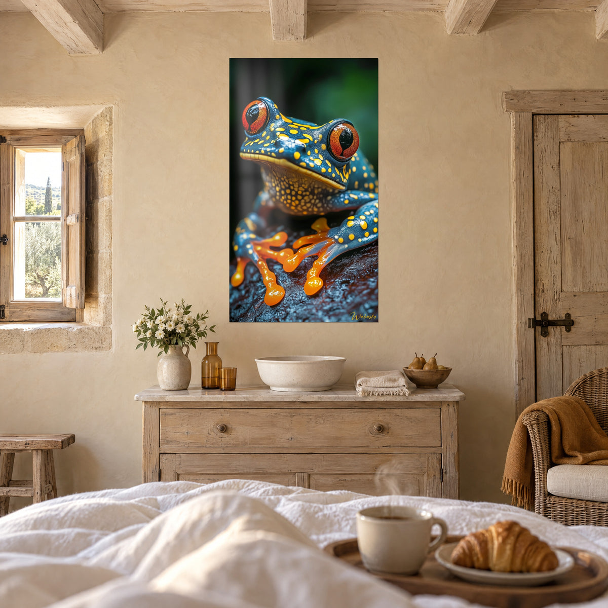 Gemälde Froschlurch mit großen rotorangen Augen und glänzenden bernsteinfarbenen Beinen, dunkelgrüner Hintergrund, über einem Bett in einem hellen Schlafzimmer