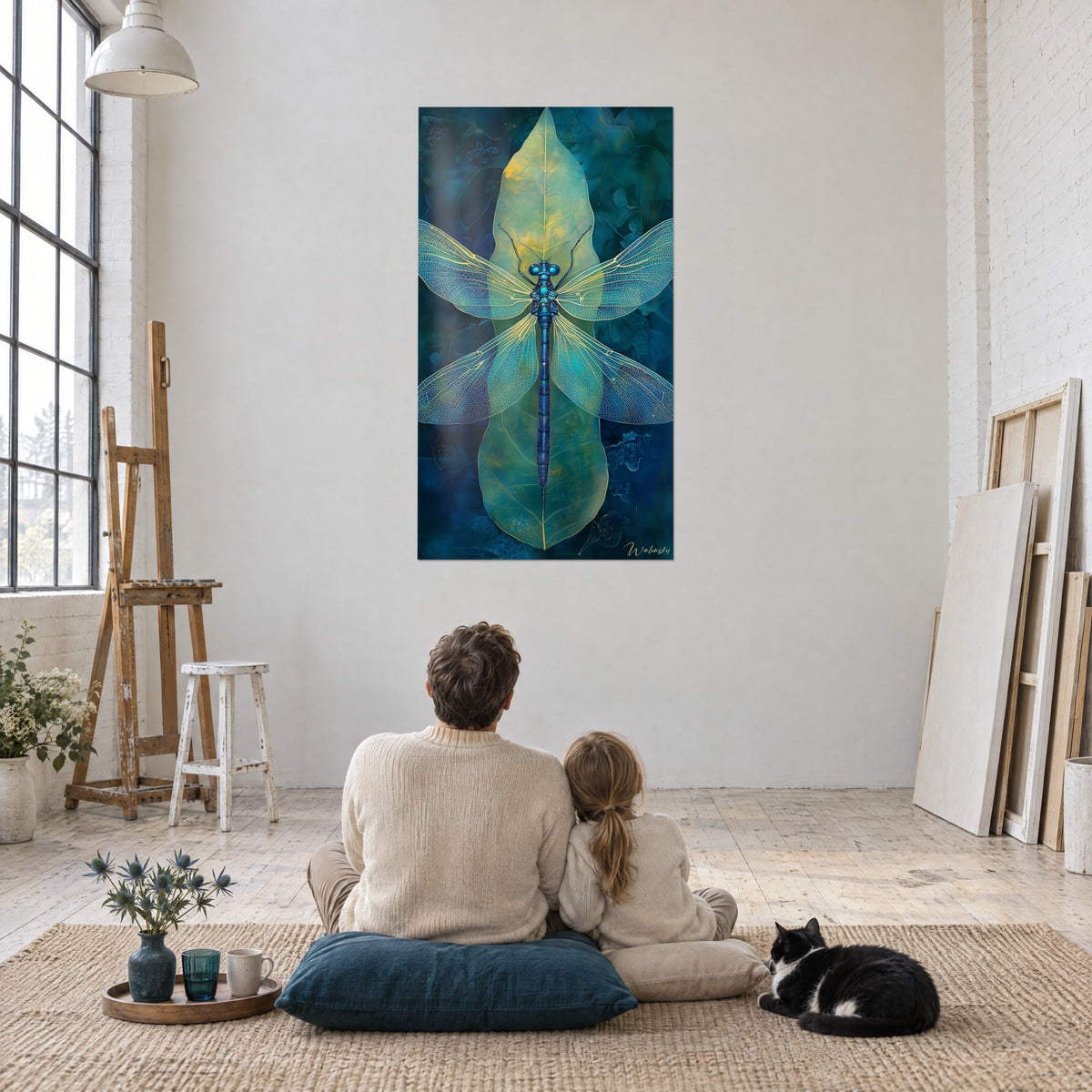 Schilderij libel in smaragdgroen en indigo op een stralend blad, een volwassene en een kind van achteren zittend op een kleed, zwart-witte kat