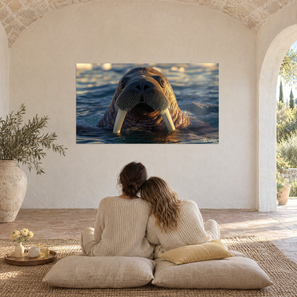 Wall art close-up of a walrus, speckled whiskers, coppery skin on navy blue and gold ripples, an embracing couple seen from behind on cushions on the floor