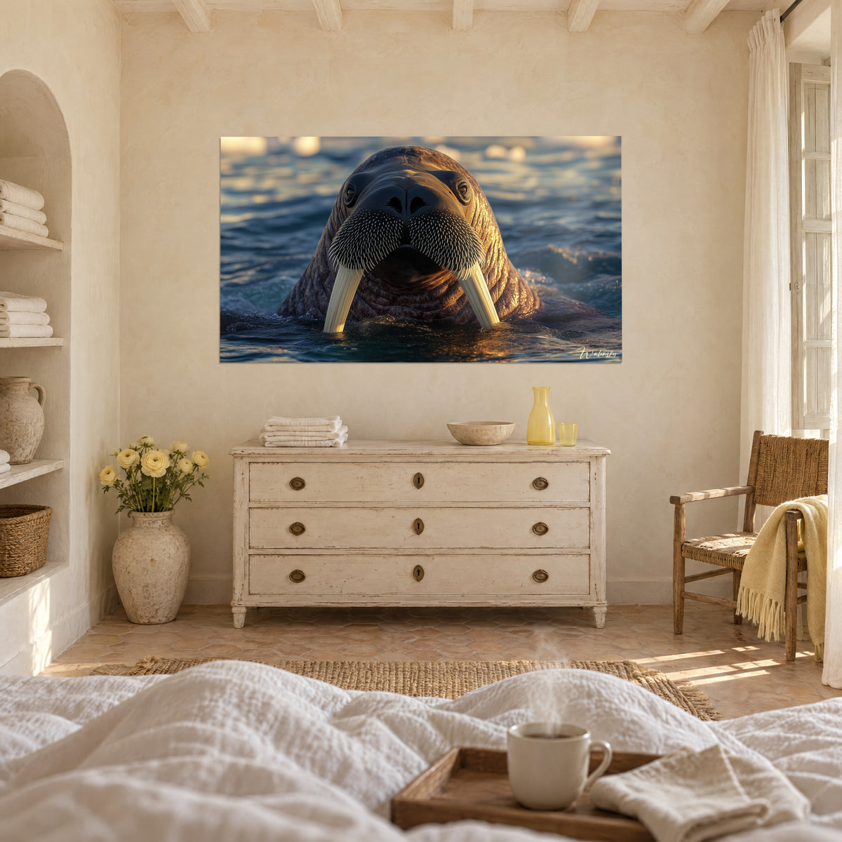 Wall art of a marine mammal with long cream tusks, dark muzzle on steel blue and amber sea, above a bed in a light bedroom