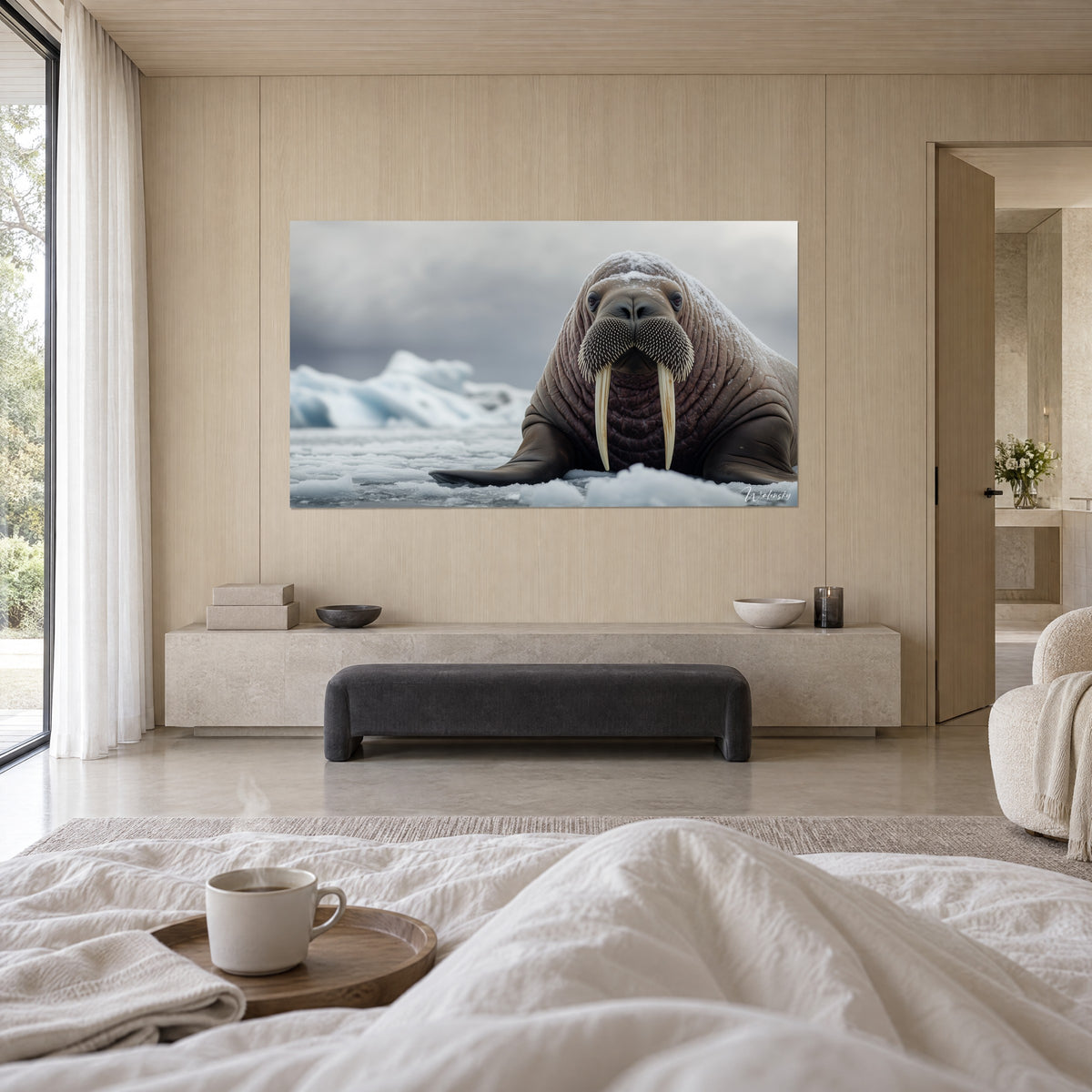 Gemälde Walross-Porträt mit gesträubten Schnurrhaaren, graue Wolken und weißes Eis, gegenüber einem Bett mit cremefarbener Bettwäsche, über dem Bett in einem hellen Schlafzimmer