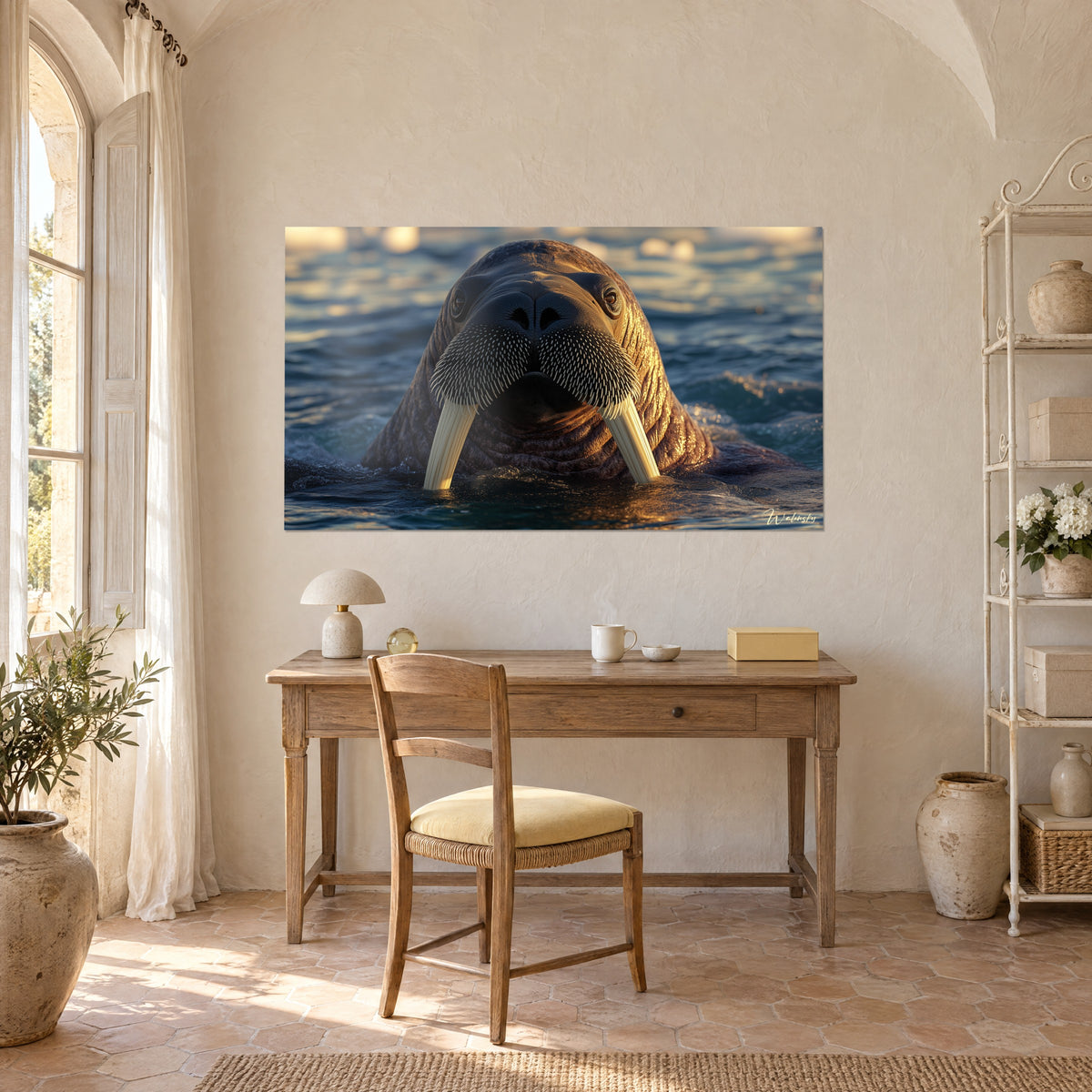 Wall art of a giant creature of cold seas, amber gaze, ivory-white tusks over deep blue waves and honey tones, on the wall of a light wood office
