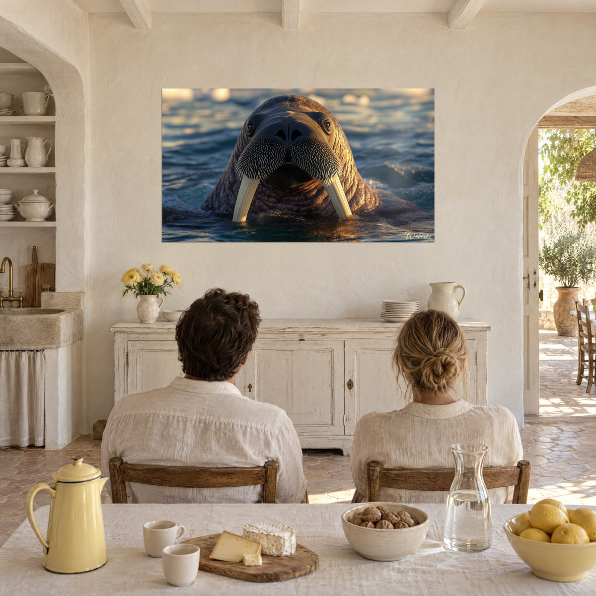 Wall art of a massive, wrinkled walrus head in reddish brown, white whiskers, sparkling blue and gold water, a back-view couple seated at the dining table