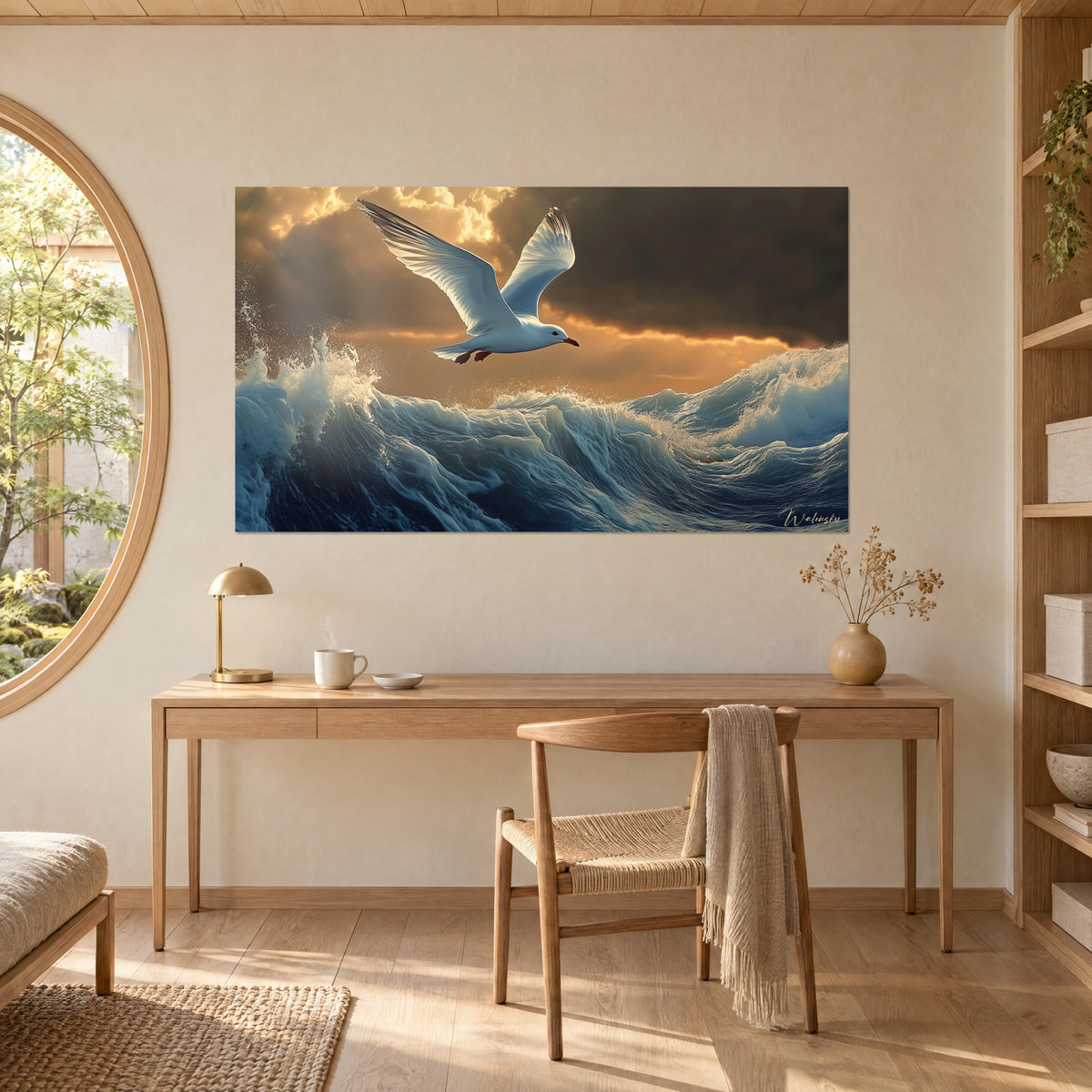 Schilderij lachende meeuw die over een onstuimige petroleumblauwe zee vliegt, donkere wolken en saffraankleurige gloed, opgehangen boven een bureau van licht hout