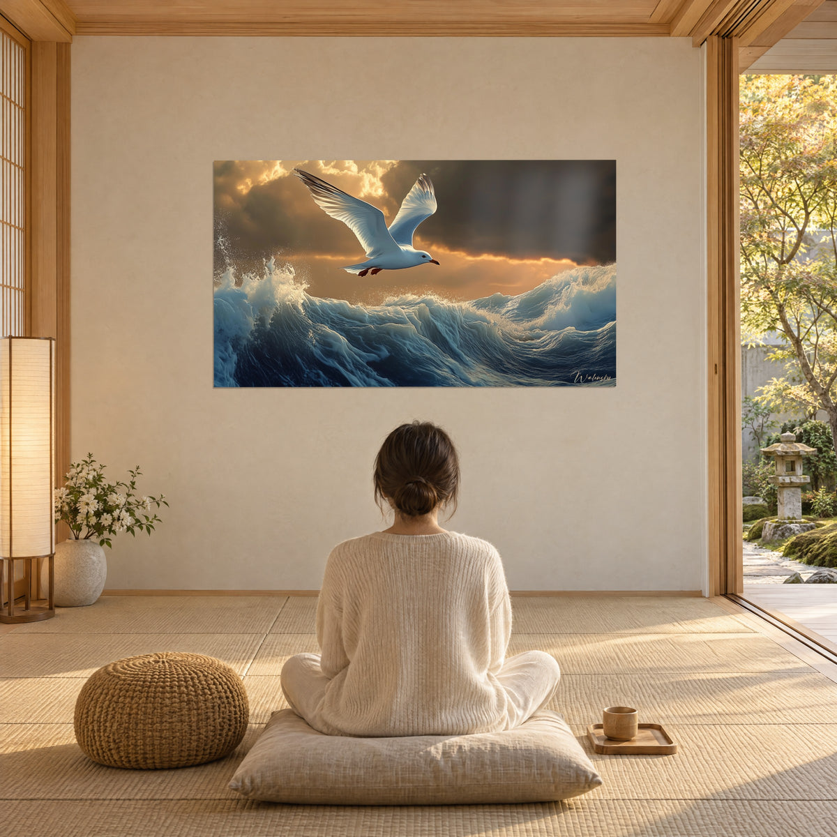 Schilderij witte zeevogel die over rollen gletsjerblauw schuim glijdt, gouden lucht, een persoon van achteren zittend op een kussen in meditatie