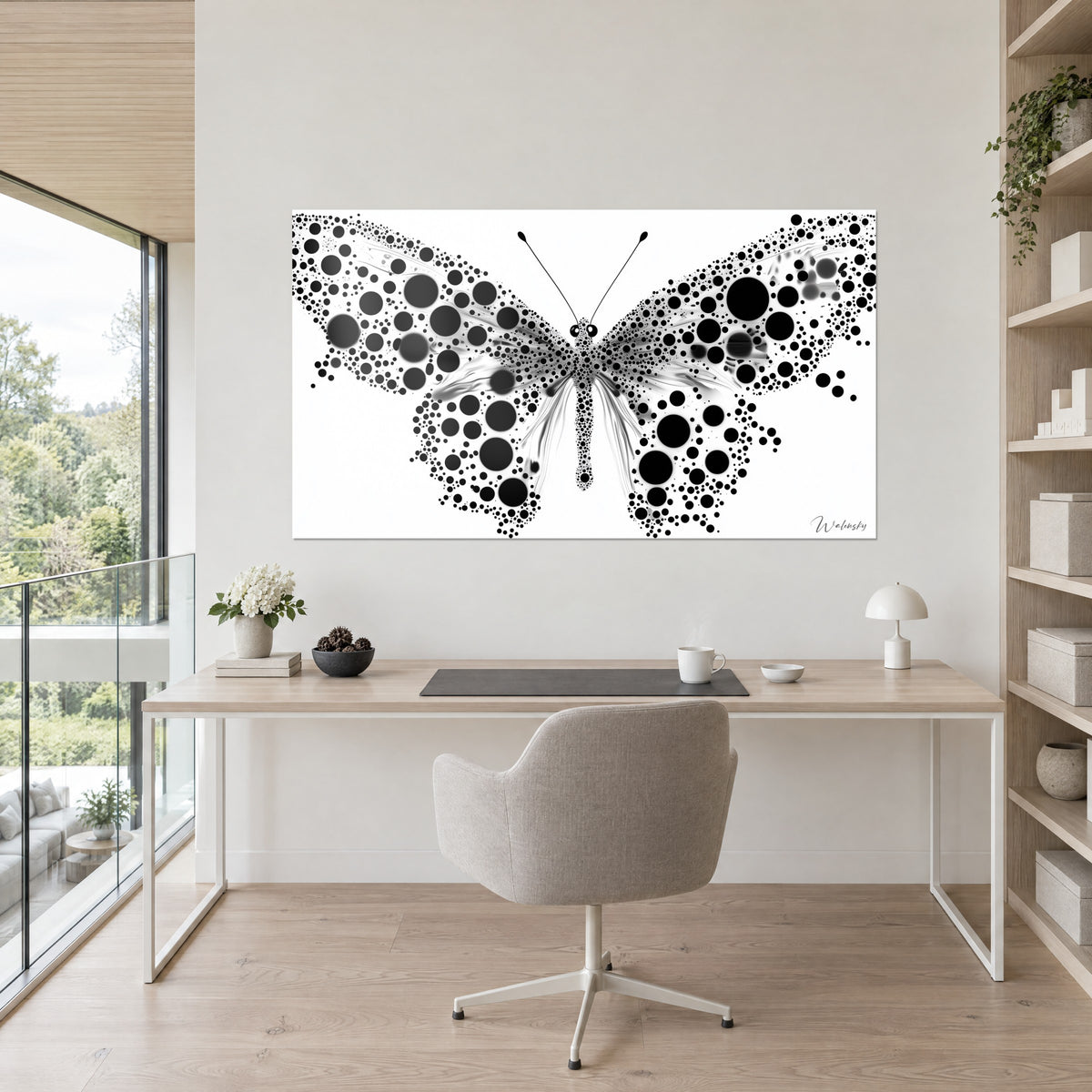 Cuadro mariposa simétrica, tórax de cuentas negras, alas punteadas de círculos, pared blanca sobre un escritorio de roble