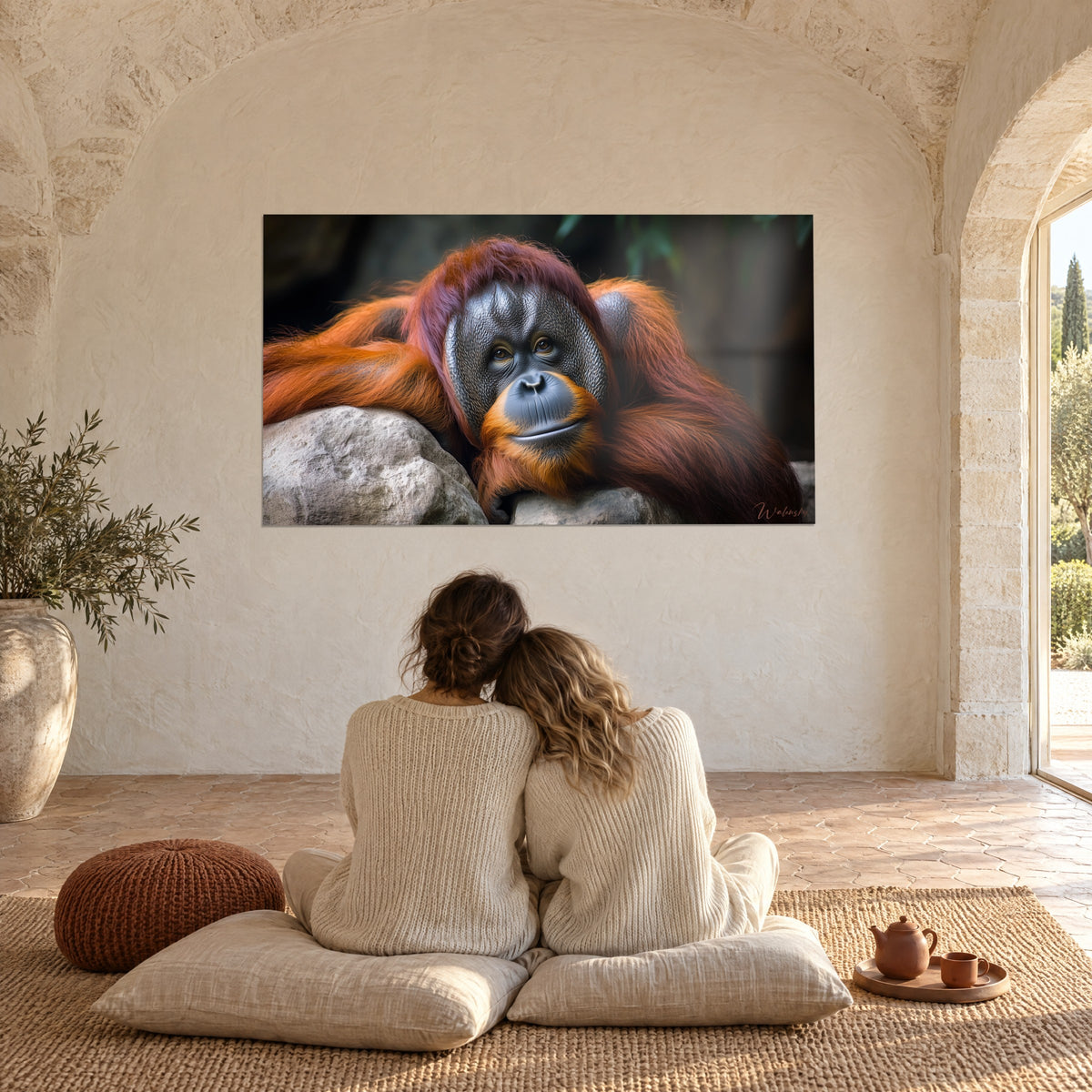 Wall art melancholic orangutan with auburn coat and pale rock, large vaulted stone wall, couple embracing on cushions