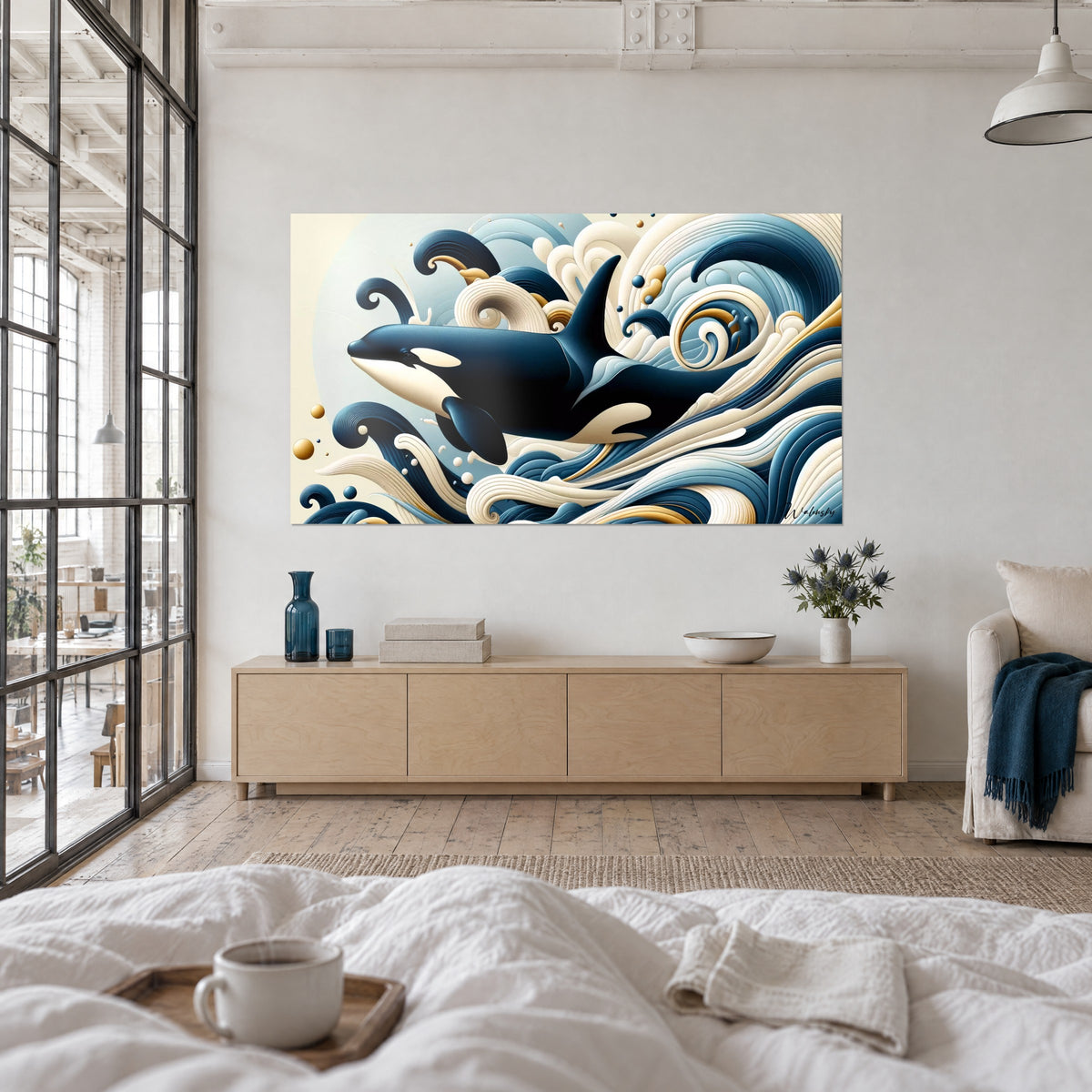 Cuadro orca azul noche y crema deslizándose entre espirales doradas, dos personas de espaldas, sobre una cama en un dormitorio luminoso
