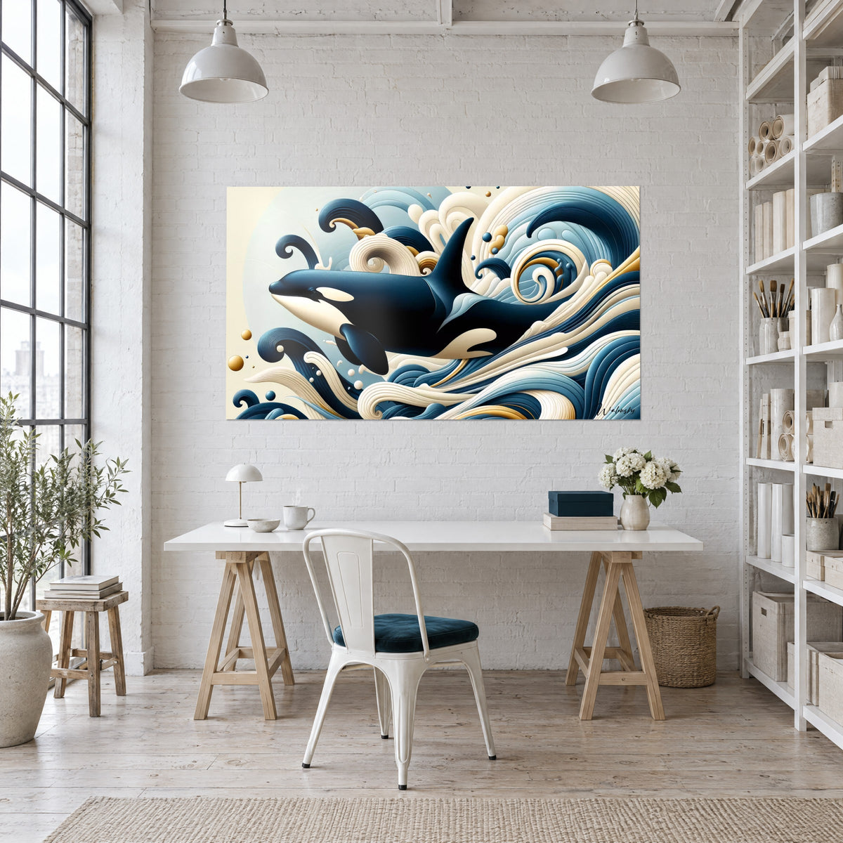 Cuadro mamífero marino negro bordeado de crema, olas azul petróleo en relieve, sobre un escritorio de madera clara