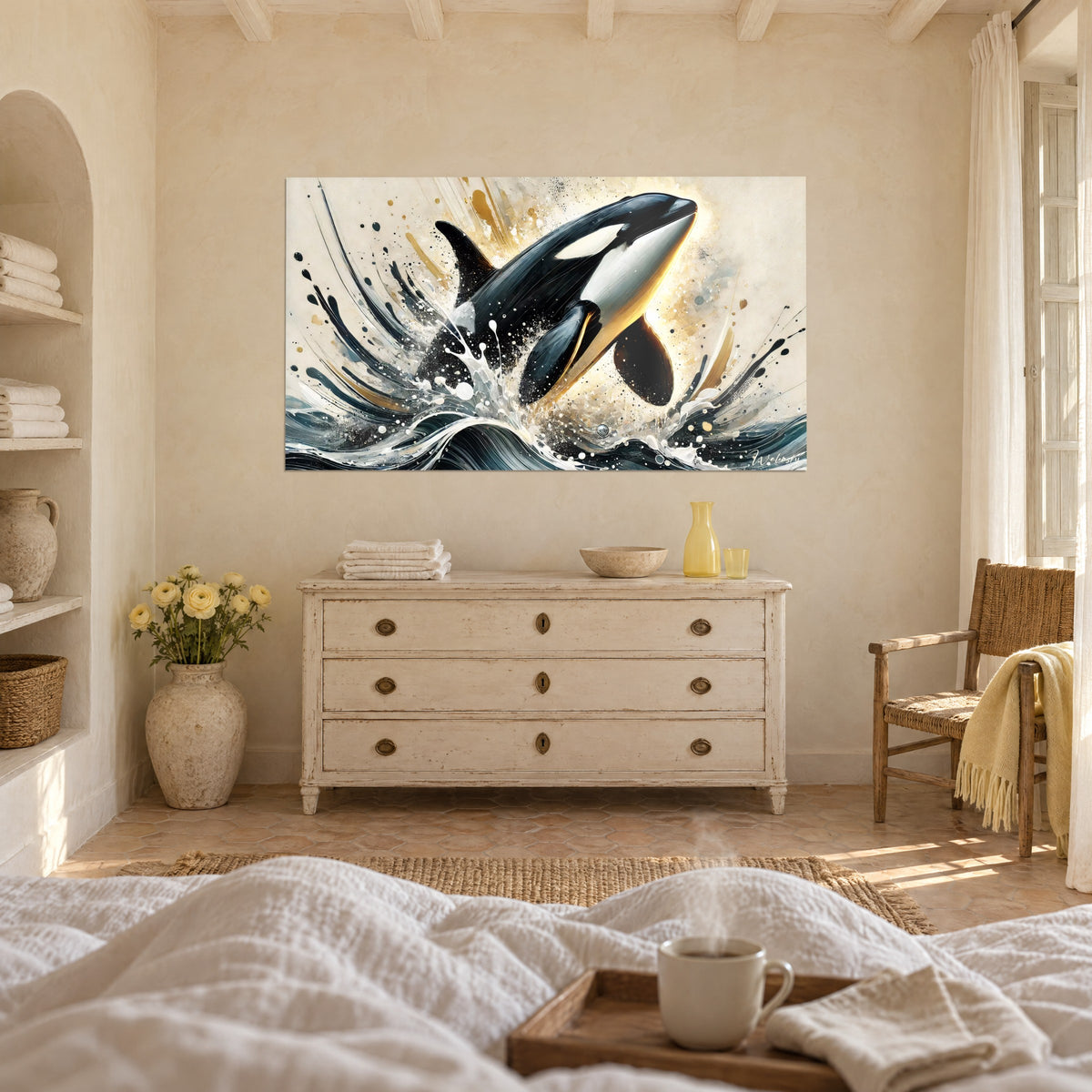 Gemälde Orca, der aus dem Wasser auftaucht, weiße Gischttropfen und goldene Linien auf beigem Grund, über einem Bett in einem hellen Schlafzimmer