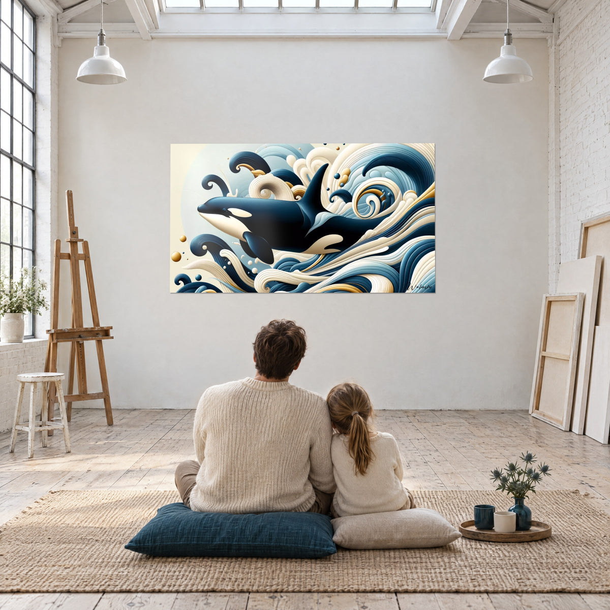 Cuadro Serenata Acuática, orca marina en remolinos azul cielo y oro, una pareja sentada de espaldas en un taller