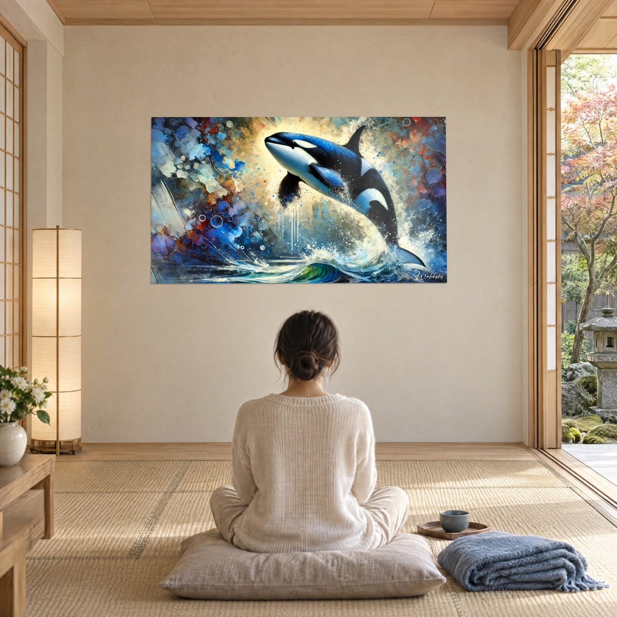 Quadro di un mammifero marino che balza, nero inchiostro e bianco perlato, alone ocra e blu, donna di spalle in meditazione su un cuscino grigio