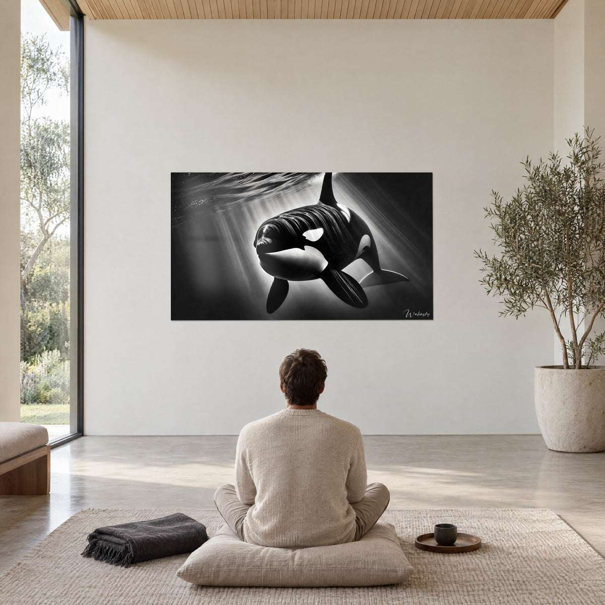 Wall art majestic orca swimming toward us, glossy black back and grey glimmers, a person seen from behind sitting in meditation in a minimalist living room