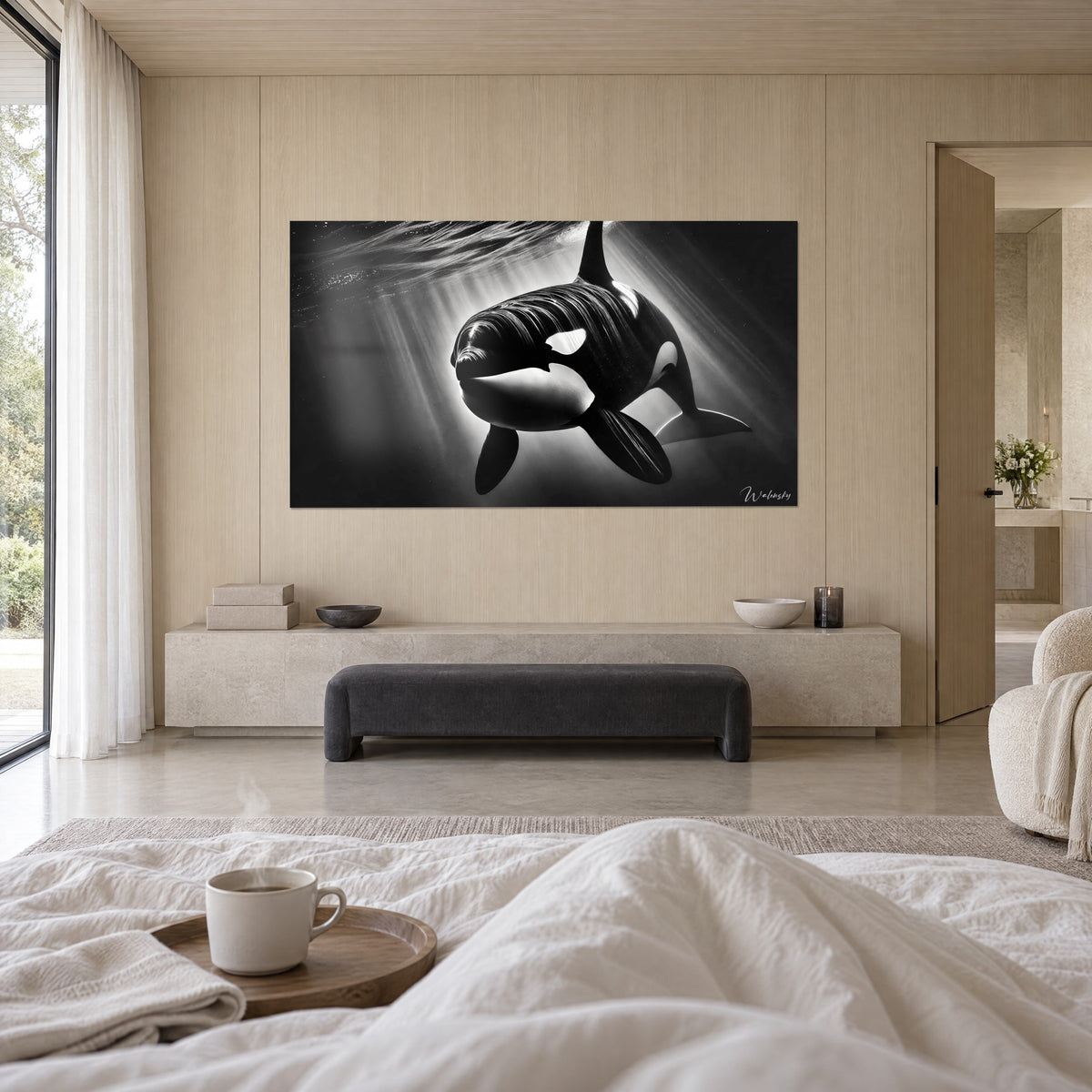 Wall art orca emerging from an ink-dark background, illuminated white belly, a couple seen from behind, above a bed in a light bedroom