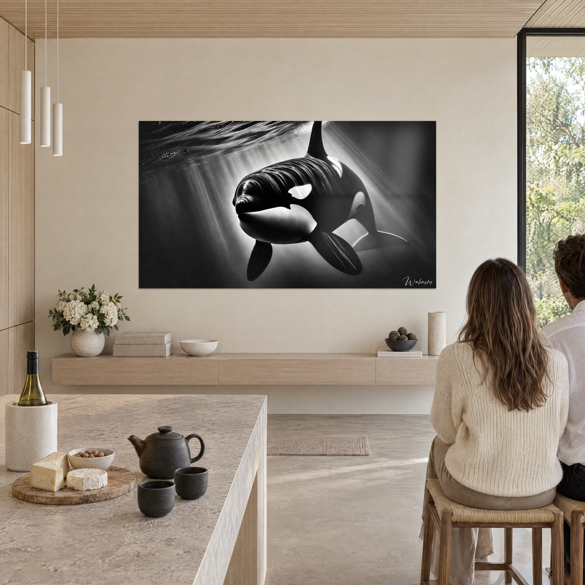 Wall art black and white dolphin backlit, silver rays in dark water, couple seen from behind near a light wood kitchen island