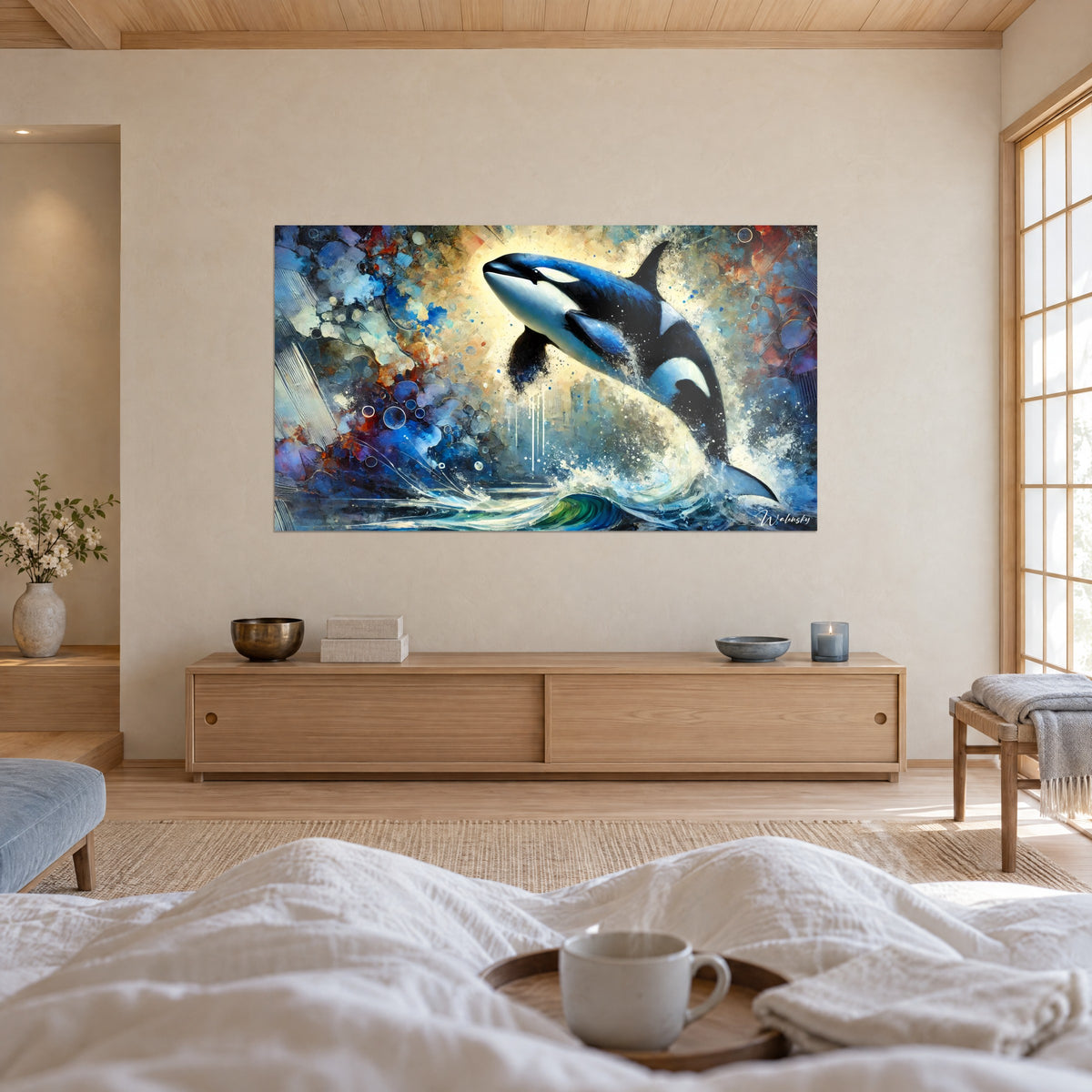 Quadro di un'orca che balza fuori dall'acqua, nero profondo e blu ghiacciaio, schizzi dorati, sopra un letto in una camera luminosa