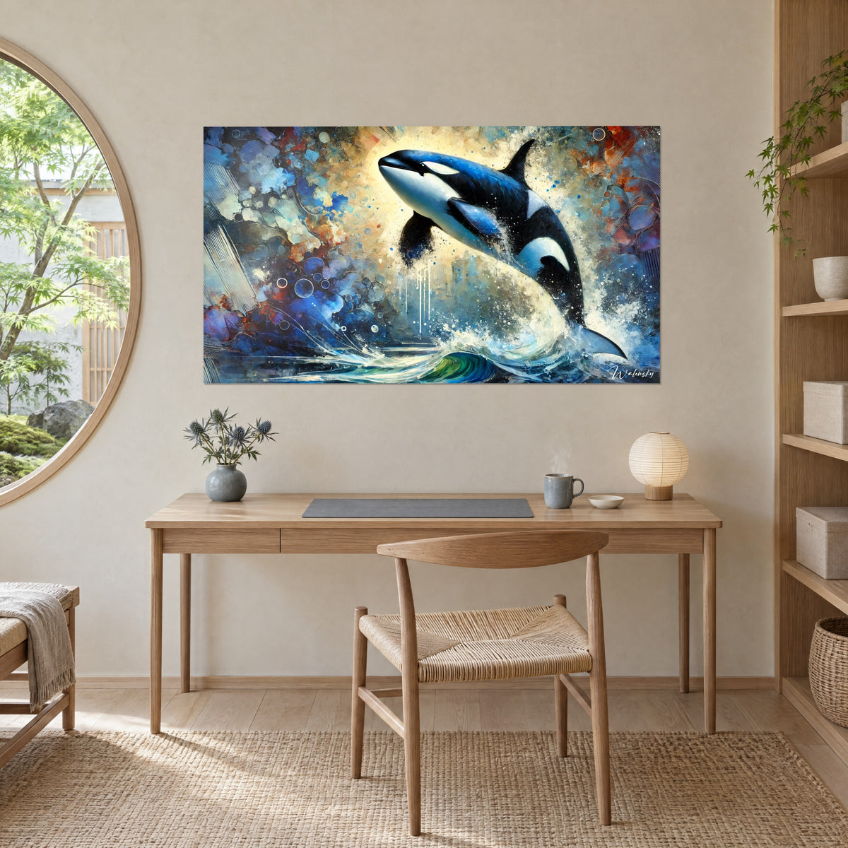 Quadro di un'orca stellare che balza da una cresta smeraldo, sfondo crema e indaco, riflessi rossi, sopra una scrivania in legno chiaro