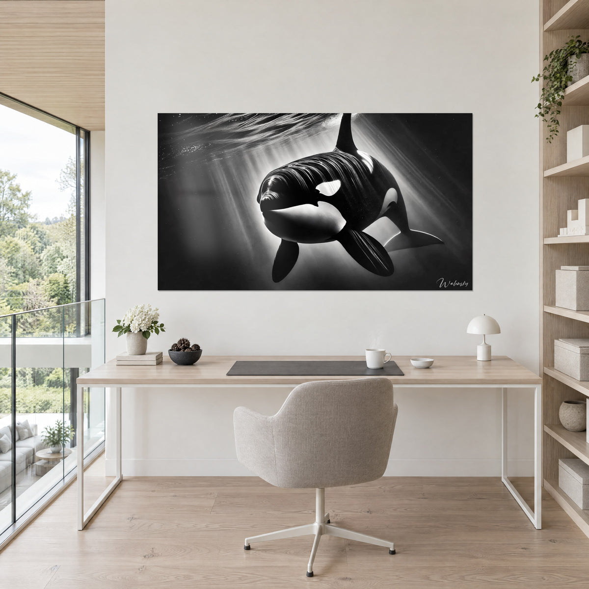 Wall art black and white ocean predator, white eye patch, shimmering swirls on the surface, pale wall behind a wooden desk