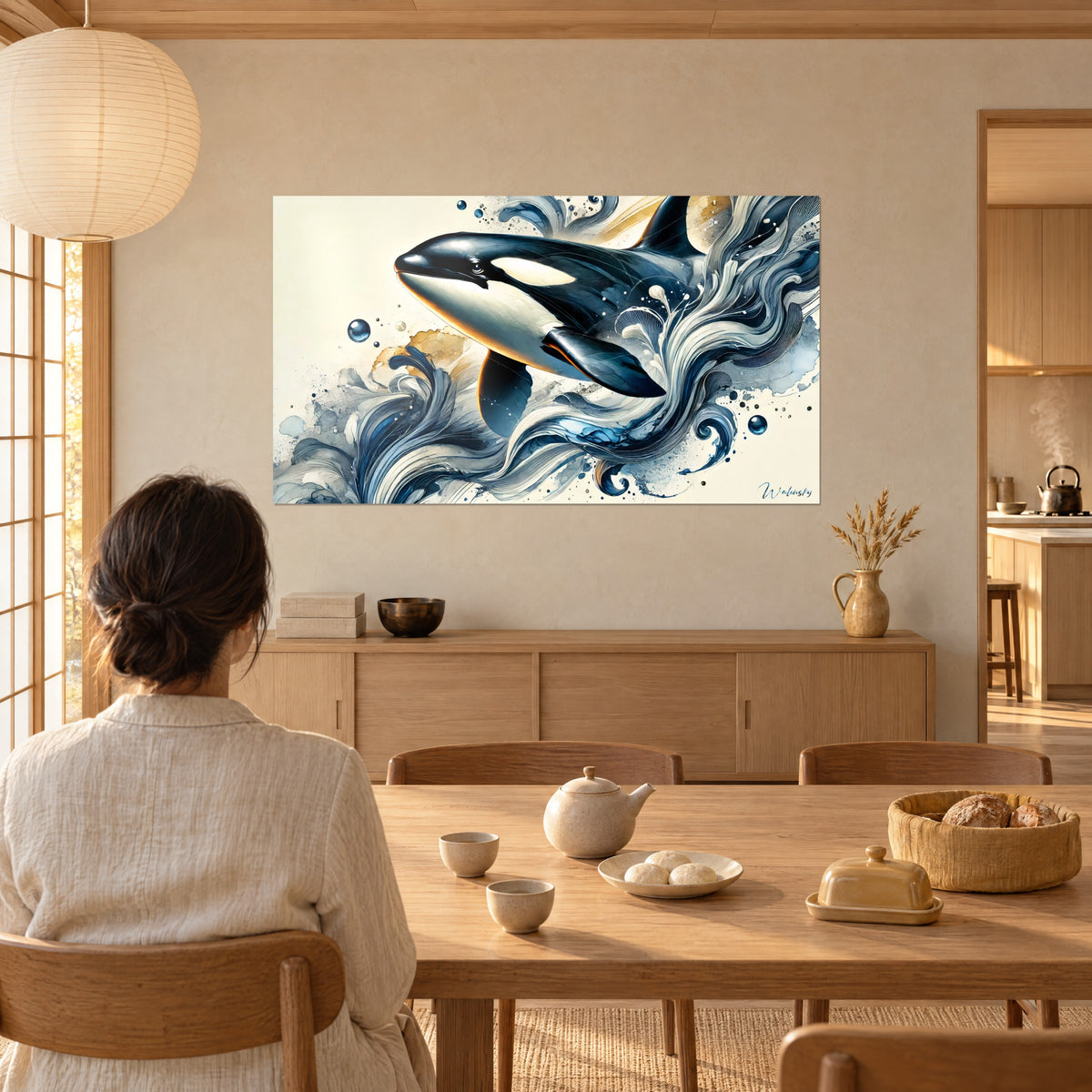 Wall art killer whale with dark fins, calligraphic waves in pearl grey and midnight blue, golden bubbles, wooden table and teapot