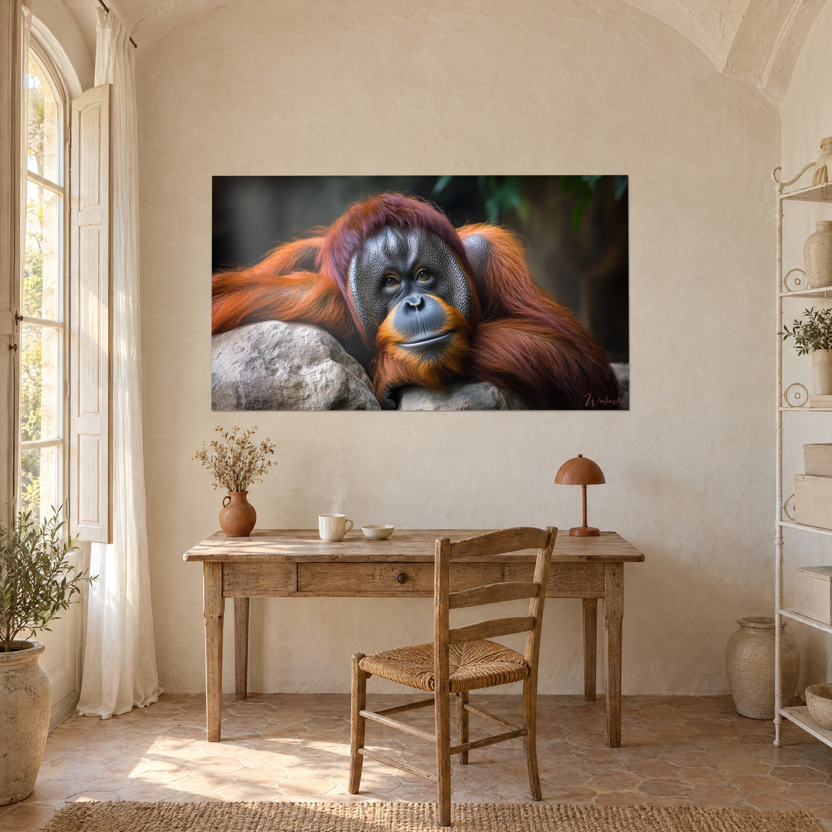 Wall art large orange primate leaning on a beige rock, blue-grey face, cream wall above a light wood desk