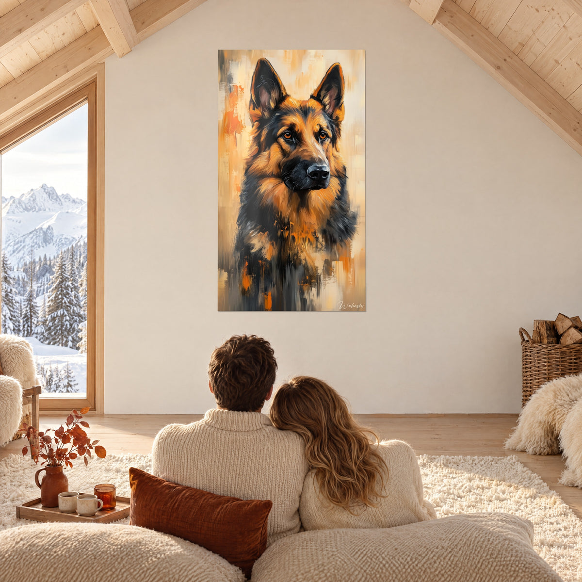 Wall art mastiff with golden gaze, tawny coat striped with black, abstract orange background, watched by a couple in a chalet