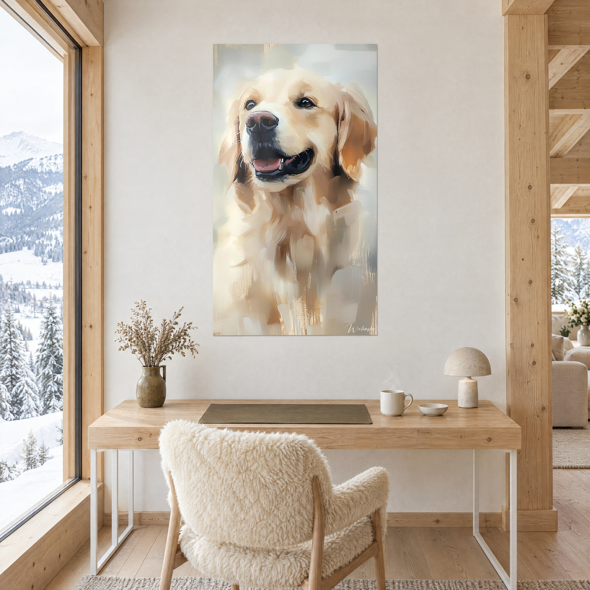 Πίνακας λαμπερού κεφαλιού golden retriever, καραμελένια αυτιά και εκρού φόντο, πάνω από ξύλινο γραφείο δίπλα σε χιονισμένο παράθυρο