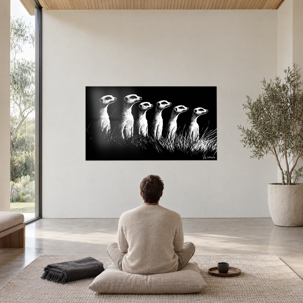 Cuadro familia de suricatas en grabado en blanco y negro, seis perfiles vueltos hacia la derecha, en una habitación despejada de madera clara