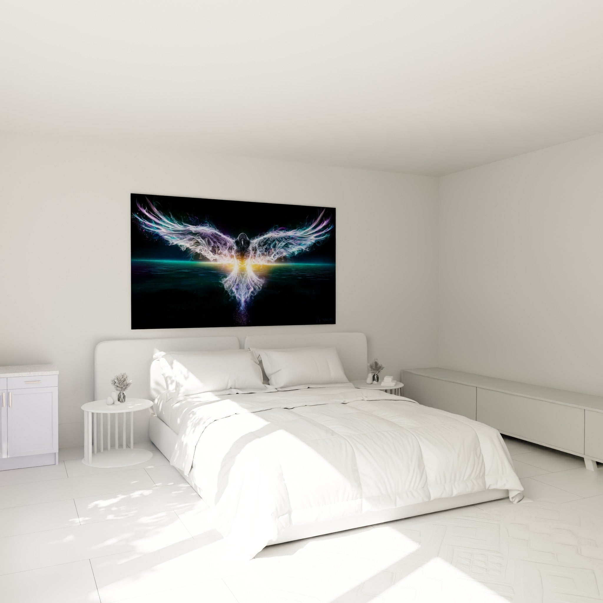 Silhouette d'aigle fumée blanche et turquoise, ailes ouvertes, au-dessus d'un lit dans une chambre claire
