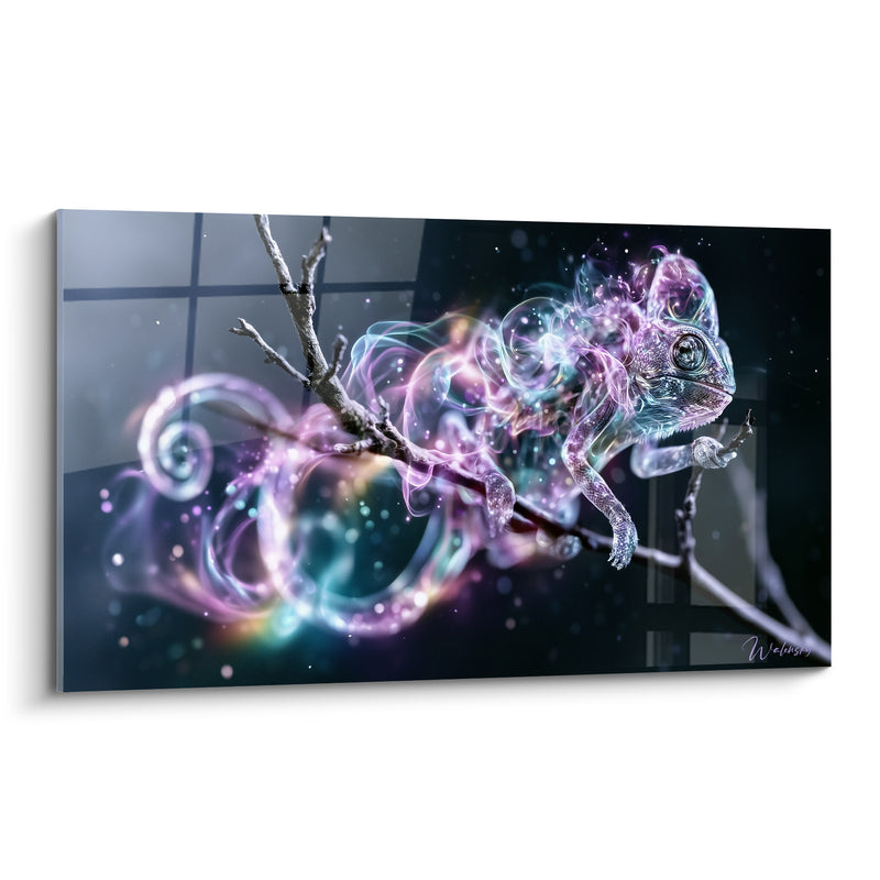 Purple and Turquoise Chameleon Painting on Branch - Nocturnal Appearance - Spectral Animals Edition