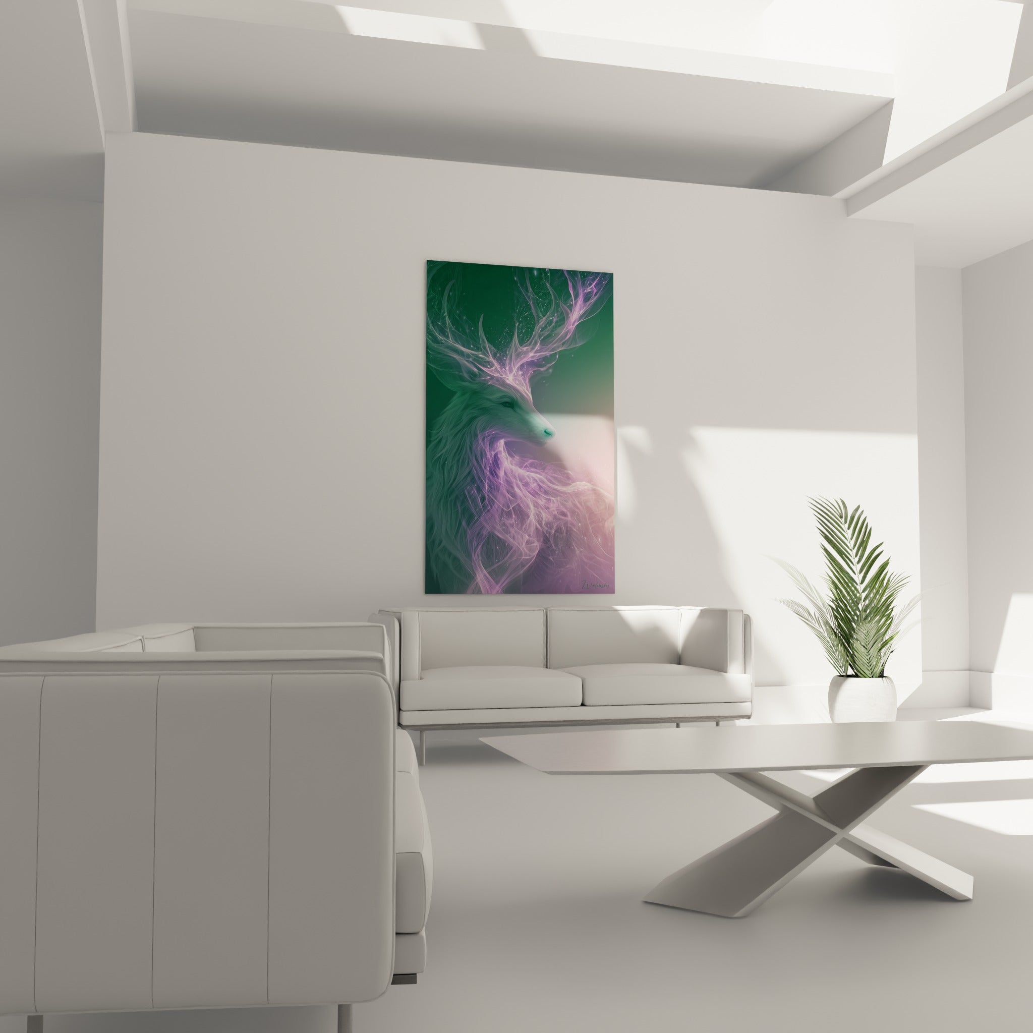 Apparition d'un cerf lumineux aux teintes anthracite et violet, tableau Animaux spectraux au-dessus d'un canapé dans un salon lumineux
