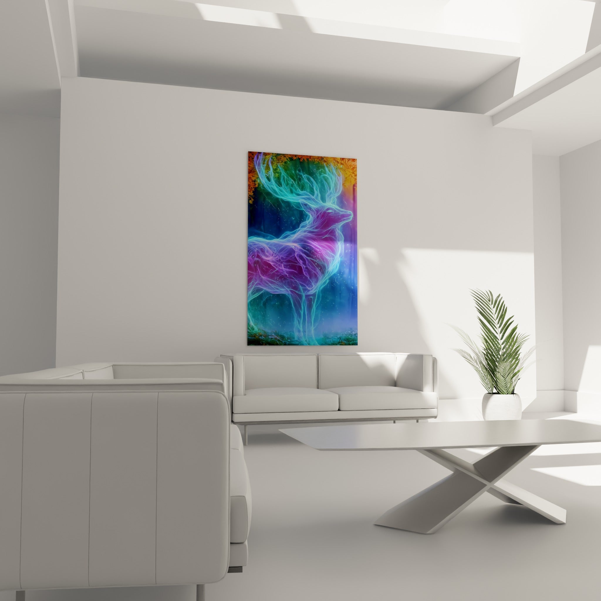 Créature lumineuse turquoise et pourpre en forme de cerf au-dessus d'un canapé dans un salon lumineux