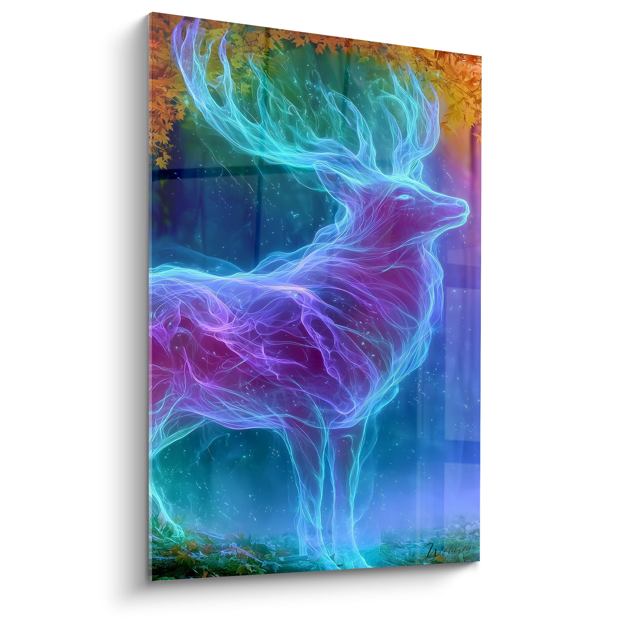 Cerf spectral turquoise et violet aux bois lumineux devant un feuillage ocre automnal
