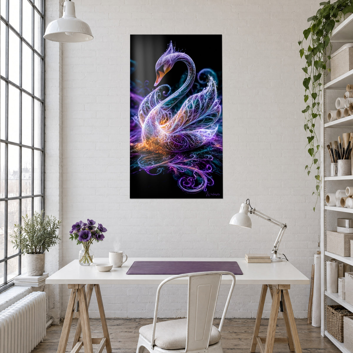 Quadro sagoma di cigno in arabeschi iridescenti viola e turchese, colature arancioni, sulla parete di un ufficio bianco accanto a una lampada