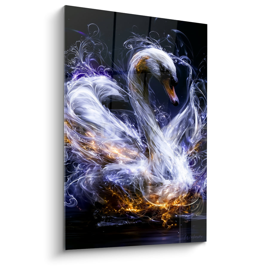 White and Gold Swan Painting with Flaming Wings - Reflection on Dark Water - Spectral Animals Edition