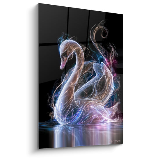 Cygne spectral aux volutes dorées et violettes se détachant sur fond noir profond