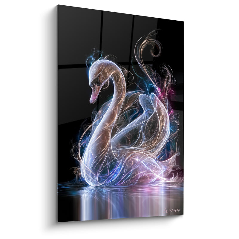 Tableau Cygne doré aux volutes bleues sur eau - Reflet liquide sombre - Edition Animaux spectraux