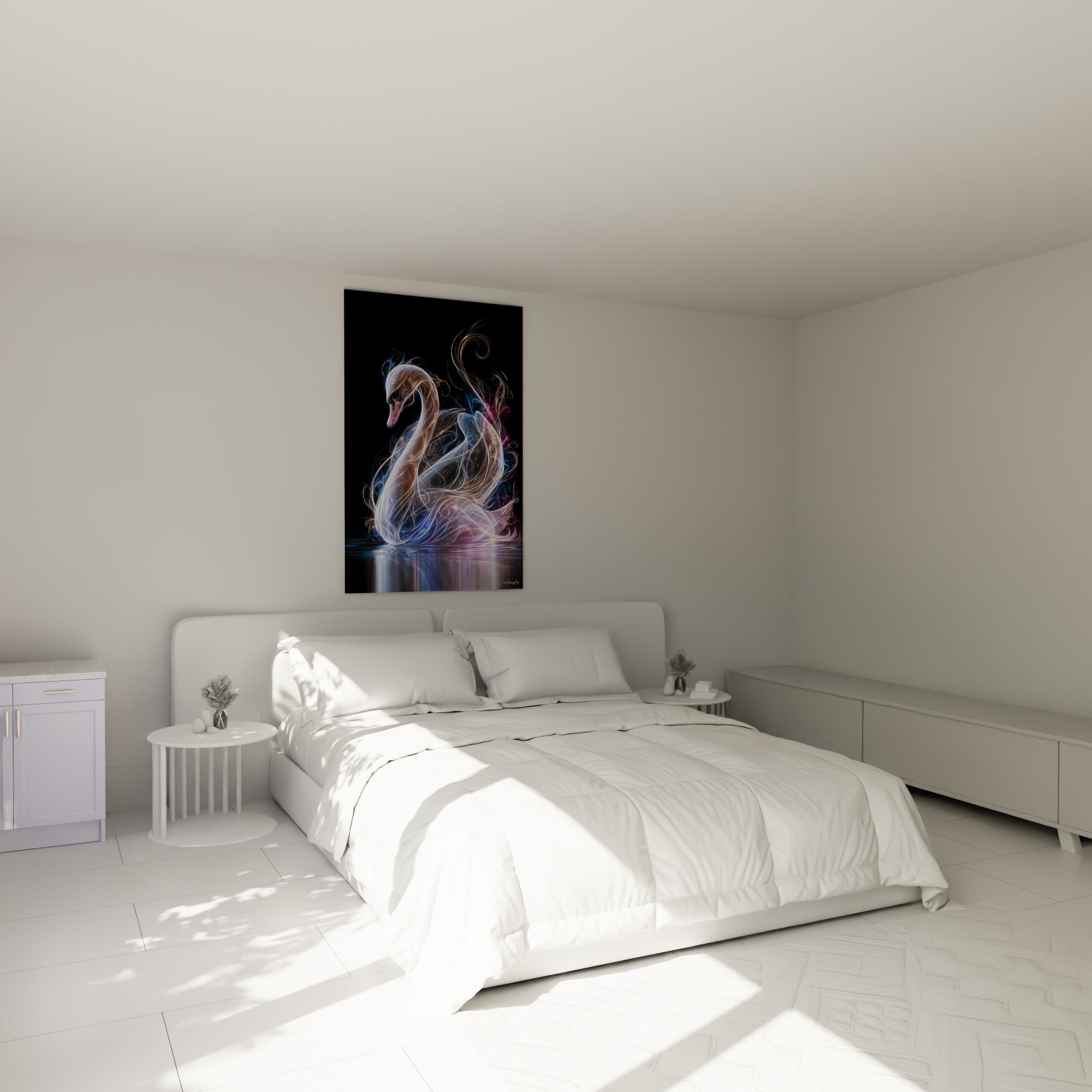 Silhouette de cygne doré et violet flottant au-dessus d'un lit dans une chambre claire