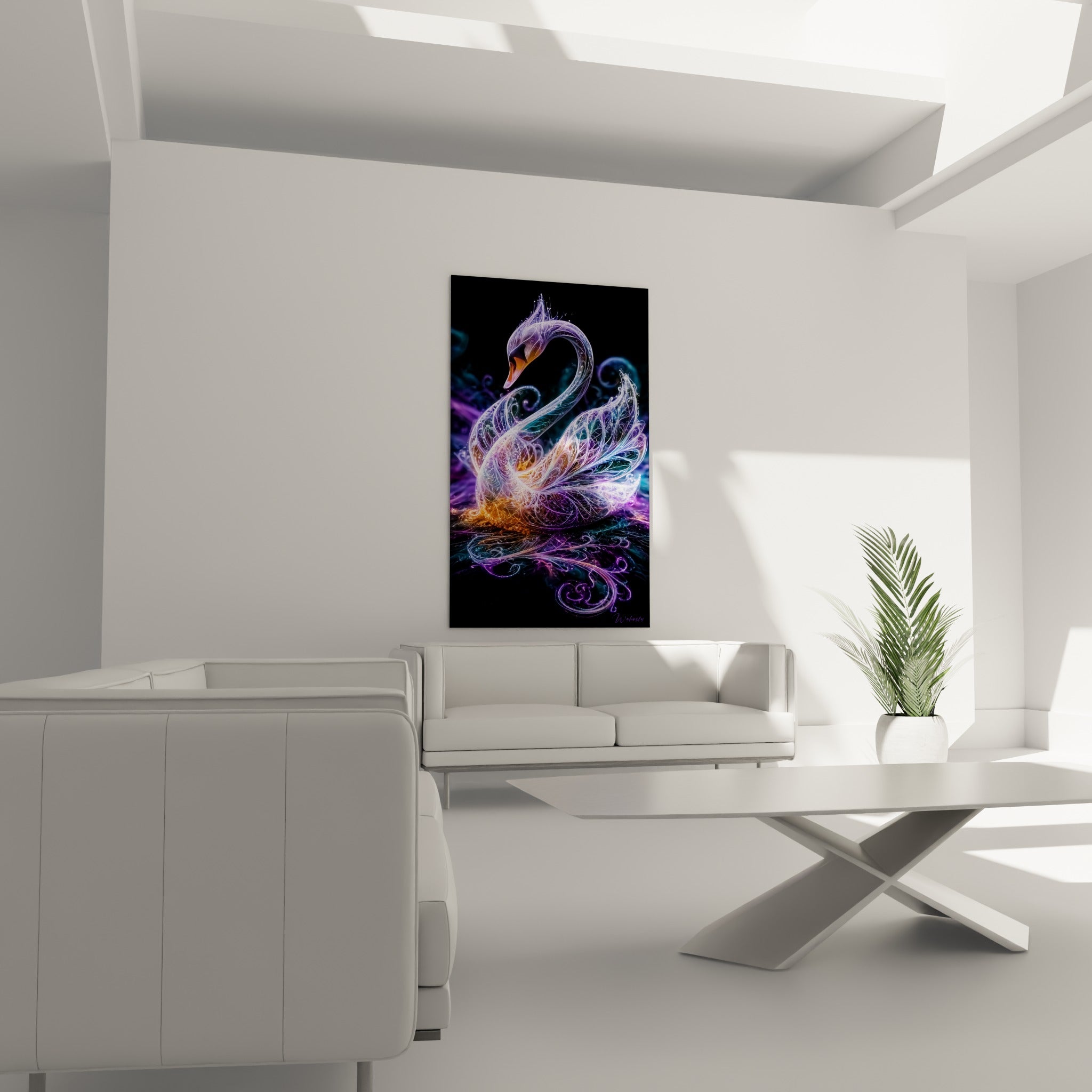 Cygne spectral doré et violet aux volutes lumineuses accroché au-dessus d'un canapé dans un salon lumineux