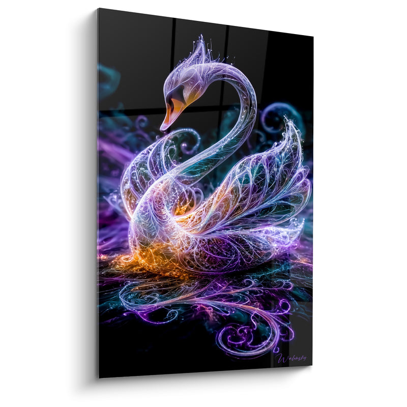 Tableau Cygne violet et turquoise aux plumes filigranées - Reflet ambré sur l'eau - Edition Animaux spectraux
